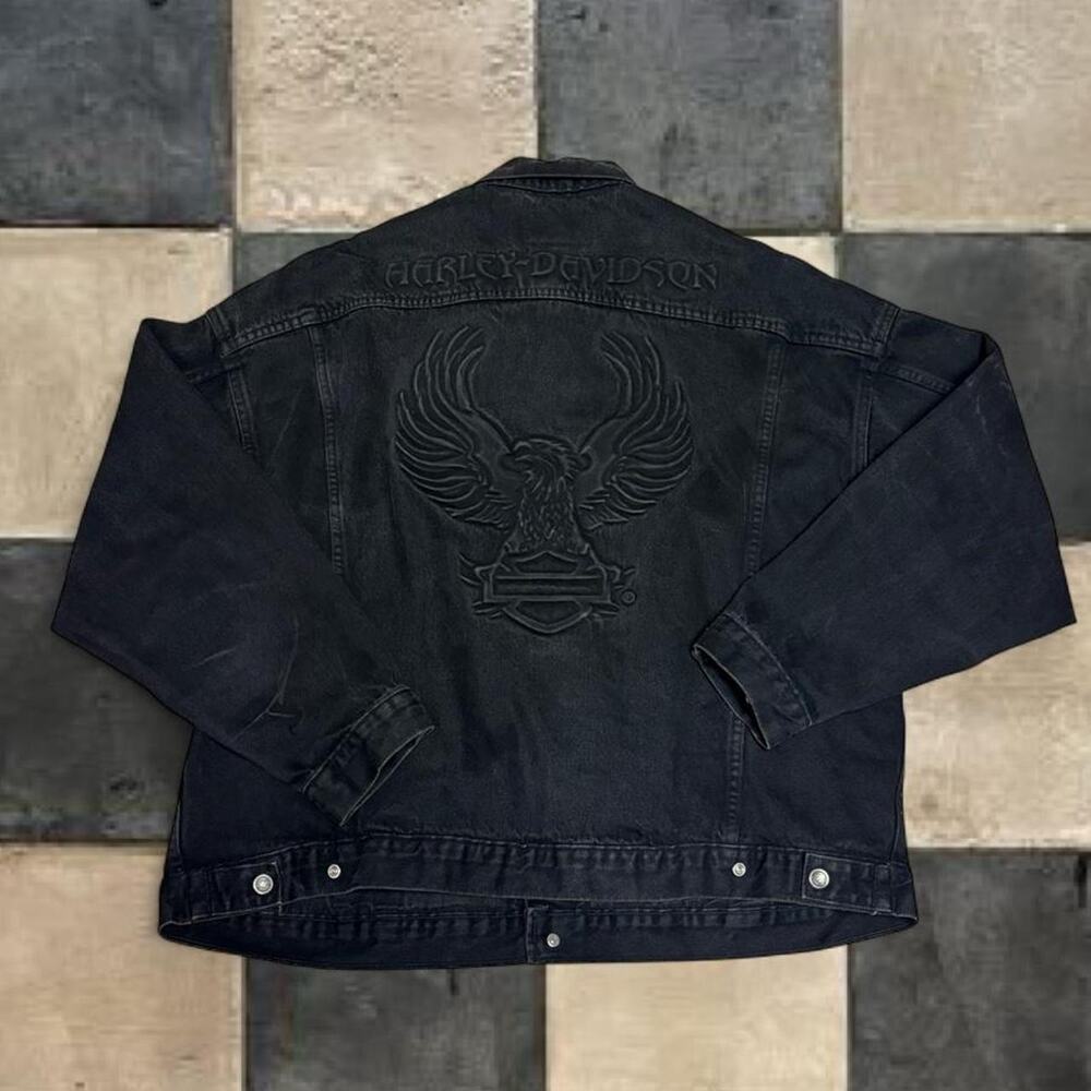 Vintage Harley Davidson Denim Jacket Mens XXL Black Made In USA Snap Motorcycle